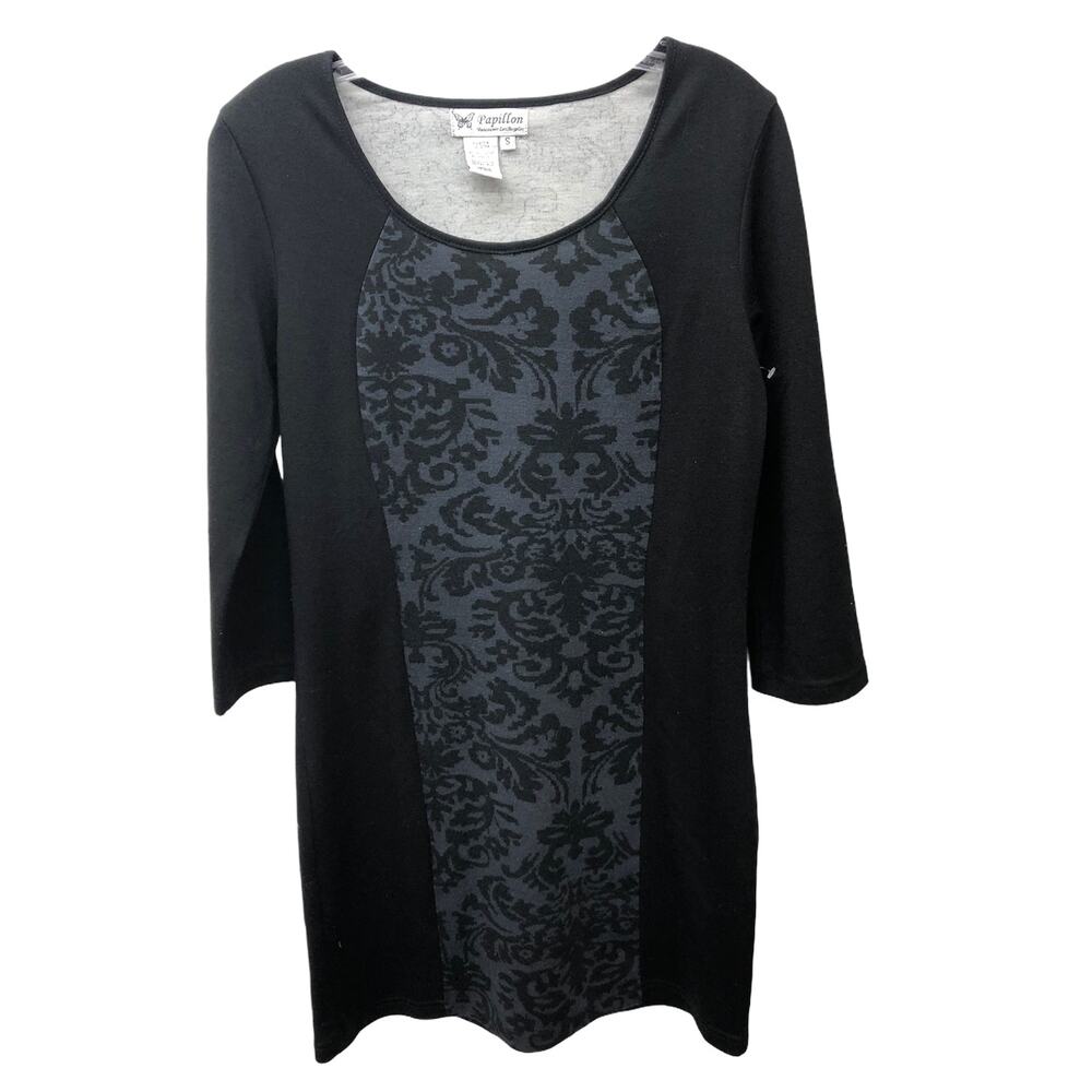 Papillon Black Gray Damask Color Block Mini Dress Small